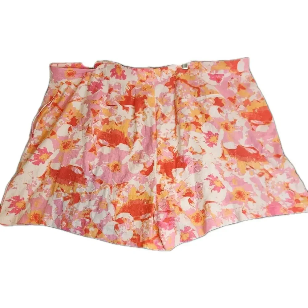 ASOS DESIGN CURVE Floral Print Size 22 Linen Blend Shorts Pockets Pink White NWT